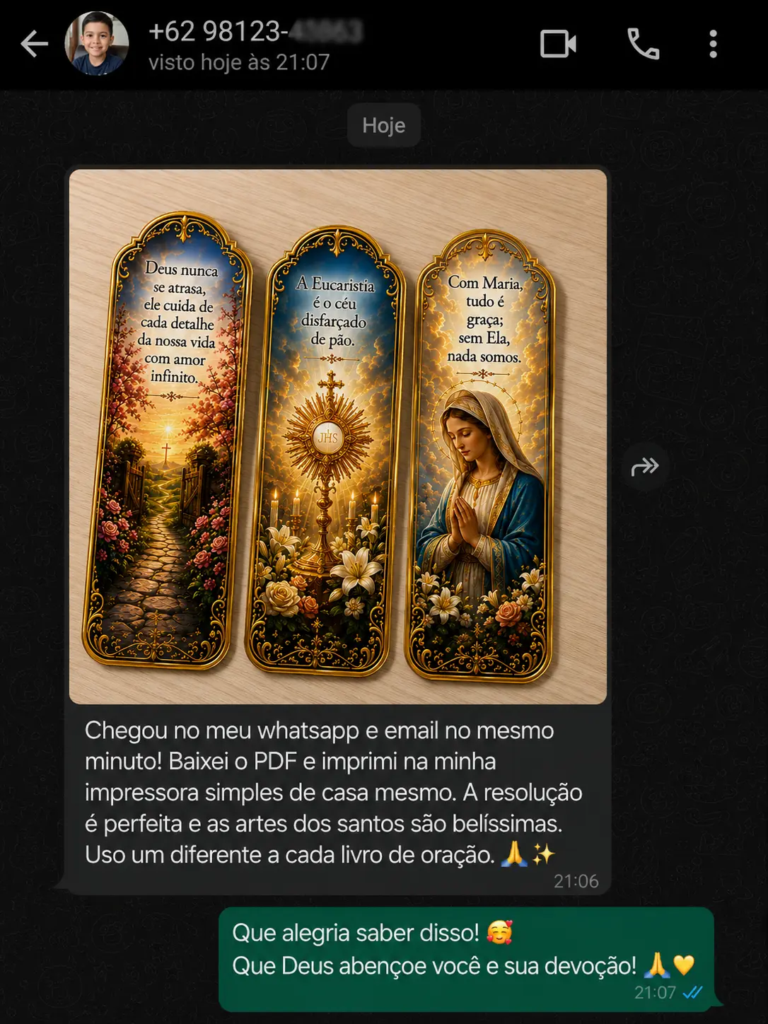 Print de conversa no WhatsApp com depoimento de cliente dos marcadores católicos
