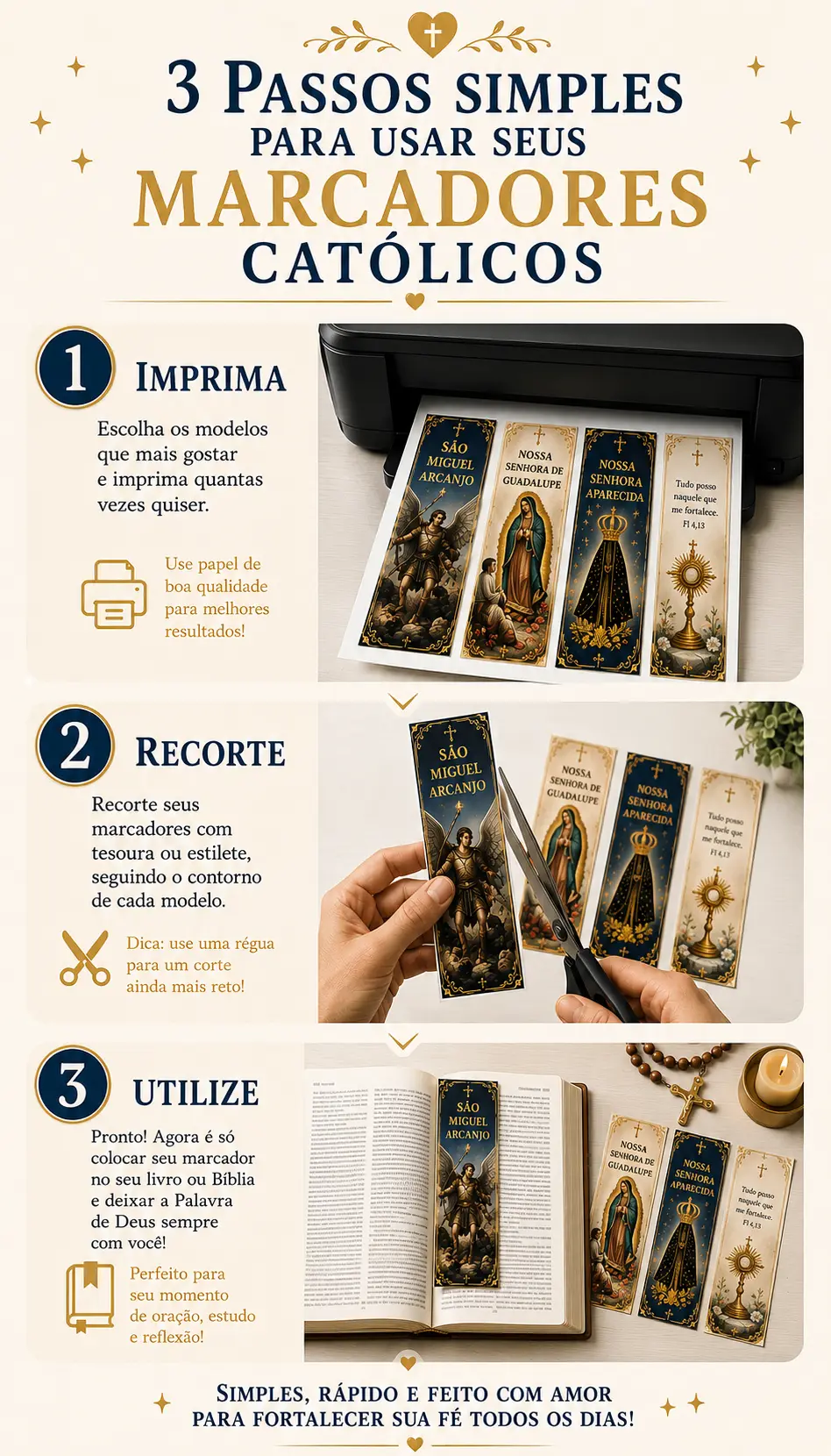 3 passos simples para usar seus marcadores católicos: imprima, recorte e utilize
